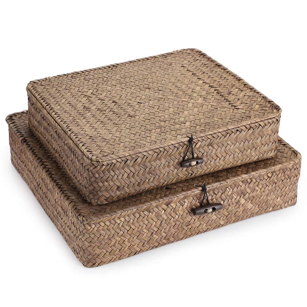 Set Of 2 Flat Woven Wicker Storage Bins With Lid Natural Seagrass Basket Multipurpose Home Boxes ... | Wayfair North America