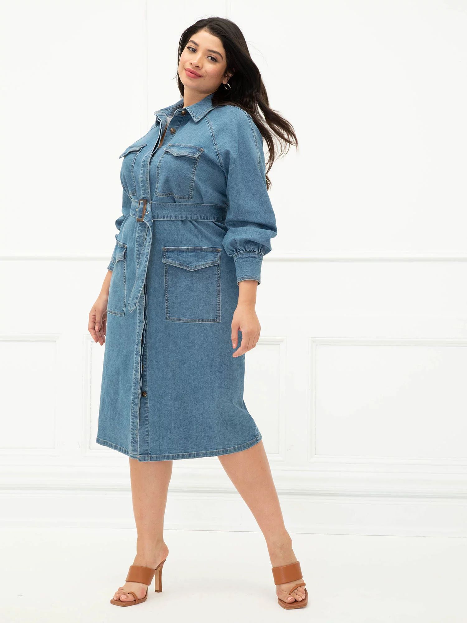 ELOQUII Elements Women's Plus Size Belted Denim Utility Dress | Walmart (US)