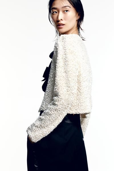 Tie-front Sequined Jacket - White/sequins - Ladies | H&M US | H&M (US + CA)