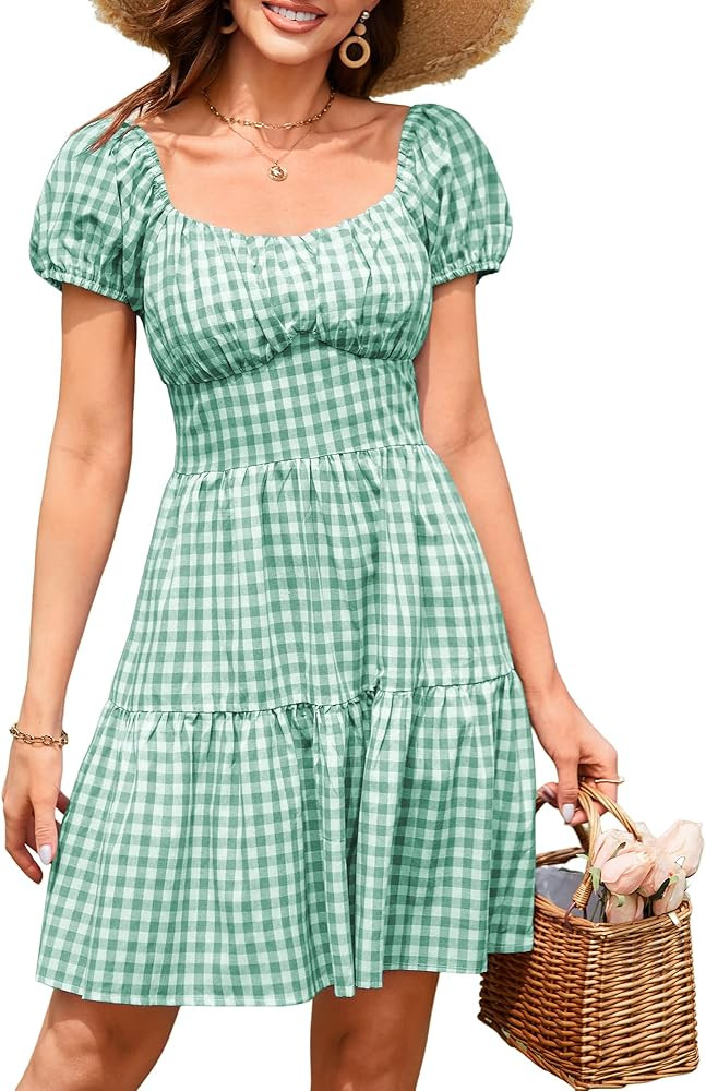 ZAFUL Women's Casual Plaid Mini Dress Scoop Neck Short Puff Sleeve Sundress A-Line Flowy Summer D... | Amazon (US)