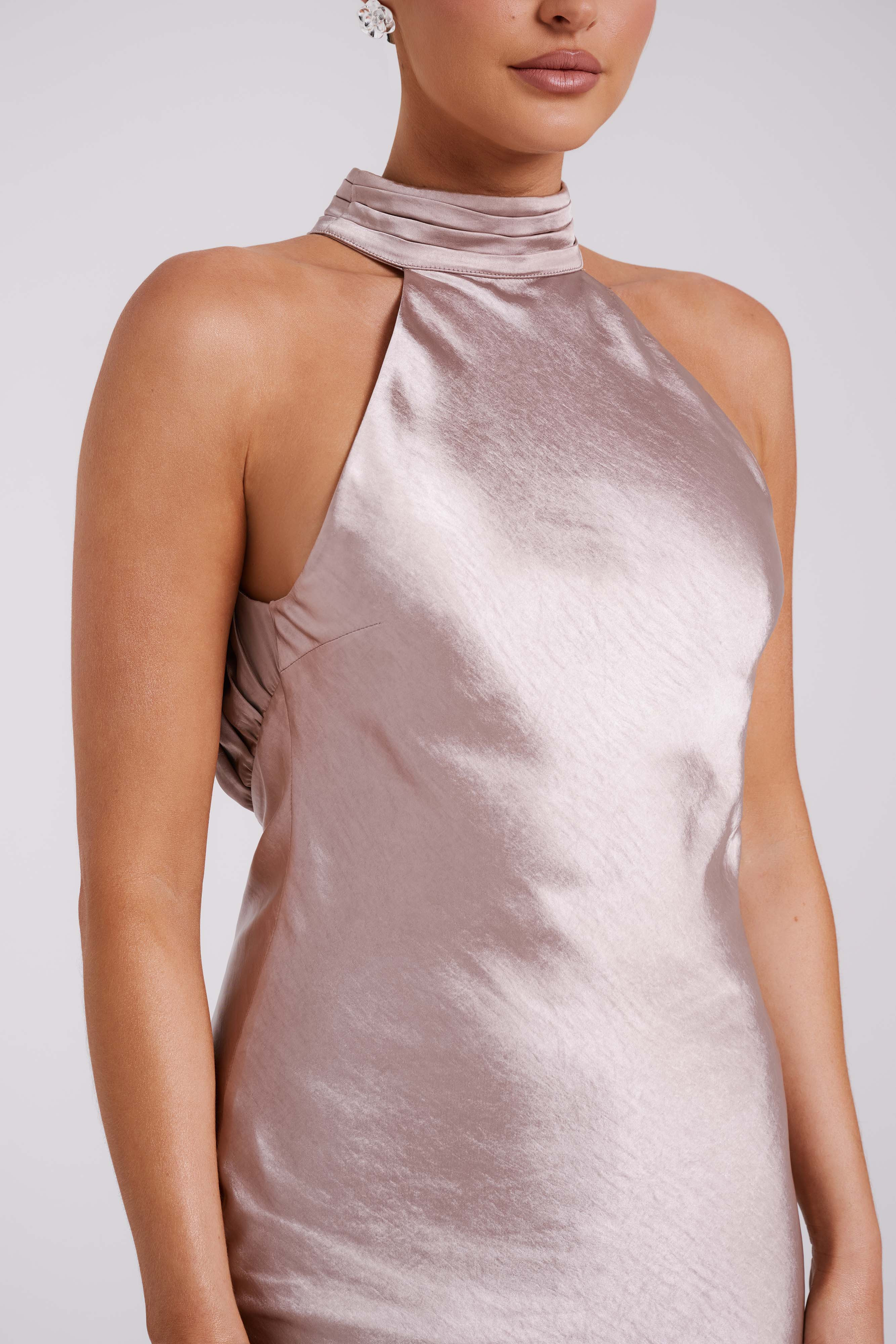 Claire Satin Drape Back Maxi Dress - Taupe | MESHKI US