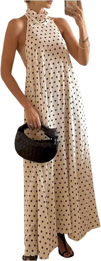 GORGLITTER Women's Polka Dots Halter Maxi Dress Summer Wedding Guest Dresses Beach Vacation Tie B... | Amazon (US)