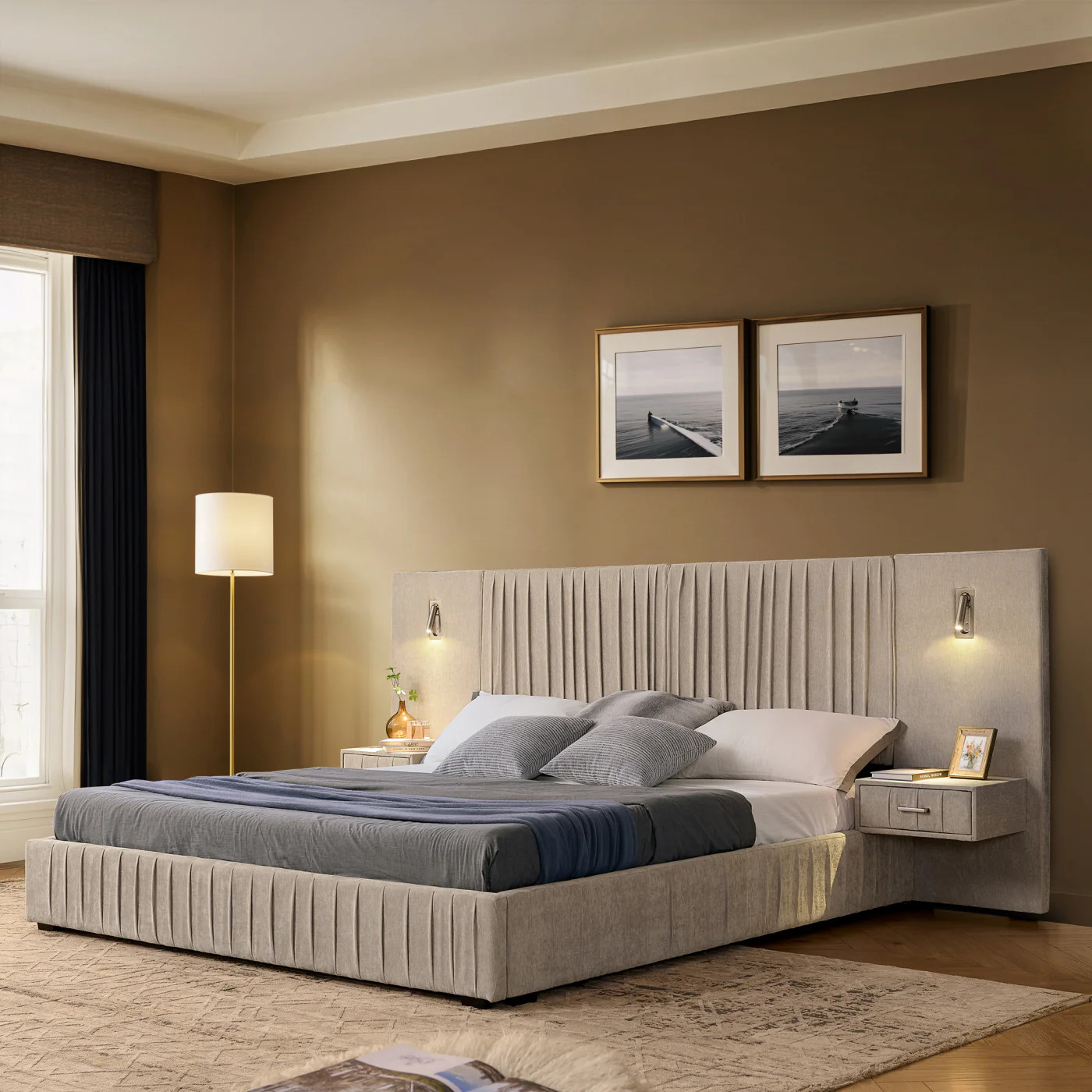Streamdale Queen Size Chenille Upholstered Bed Frame with Pleated Design - Beige | Shop Simon