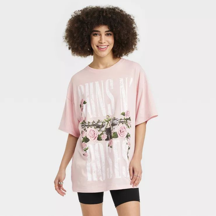 Women's Guns N' Roses Short Sleeve Oversized Graphic T-Shirt Dress - Blush | Target