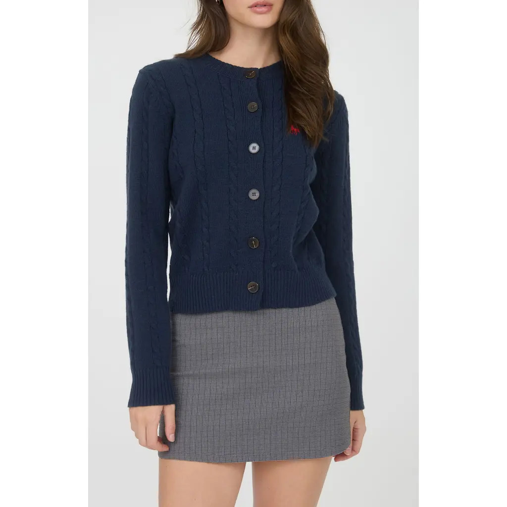 Blu Pepper Embroidered Horse Cable Knit Crop Cardigan in Navy at Nordstrom Rack, Size Small | Nordstrom Rack
