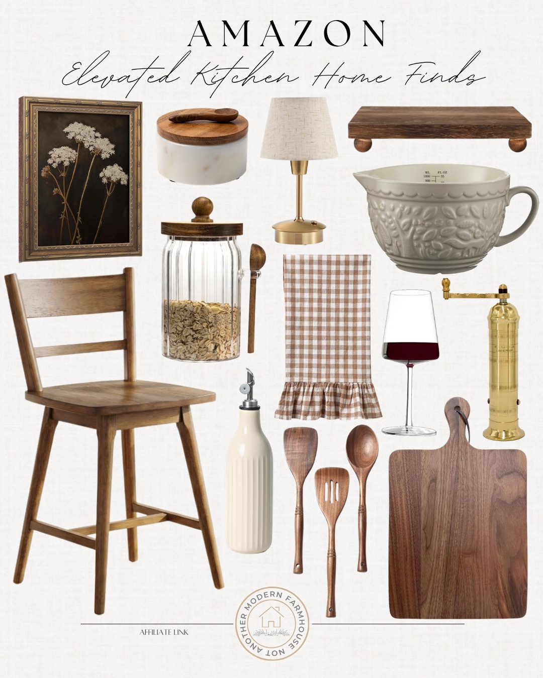 Amazon elevates kitchen finds include wooden tray, small table lamp, salt cellar, wall art, barstool, wooden kitchen utensils, oil dispenser, wooden cutting board, pepper grinder, wine glass, kitchen towel, canister, and mixing bowl.

Kitchen finds, home decor, looks for less, neutral kitchen, elevated kitchen

#LTKHome #LTKSaleAlert #LTKSeasonal