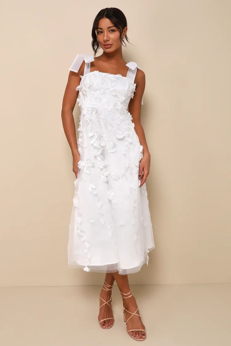 Effortlessly Sweet White Tulle 3D Floral Tie-Strap Midi Dress | Lulus