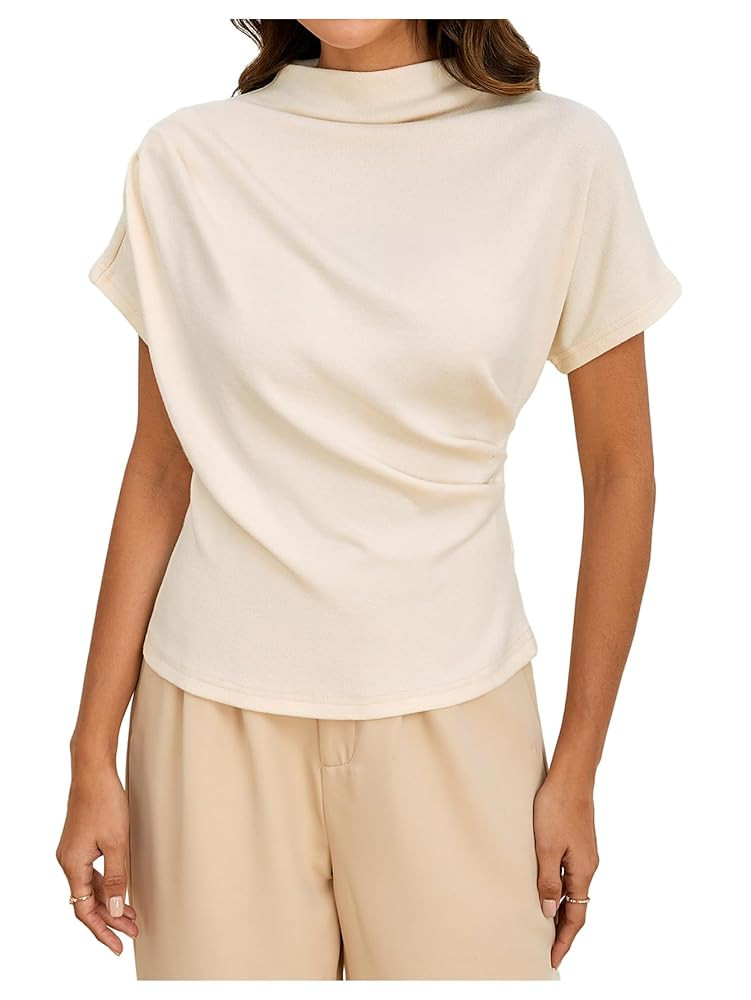 SweatyRocks Women's Casual Short Sleeve Mock Neck Tee Top Asymmetric Ruched Plain T Shirt | Amazon (US)