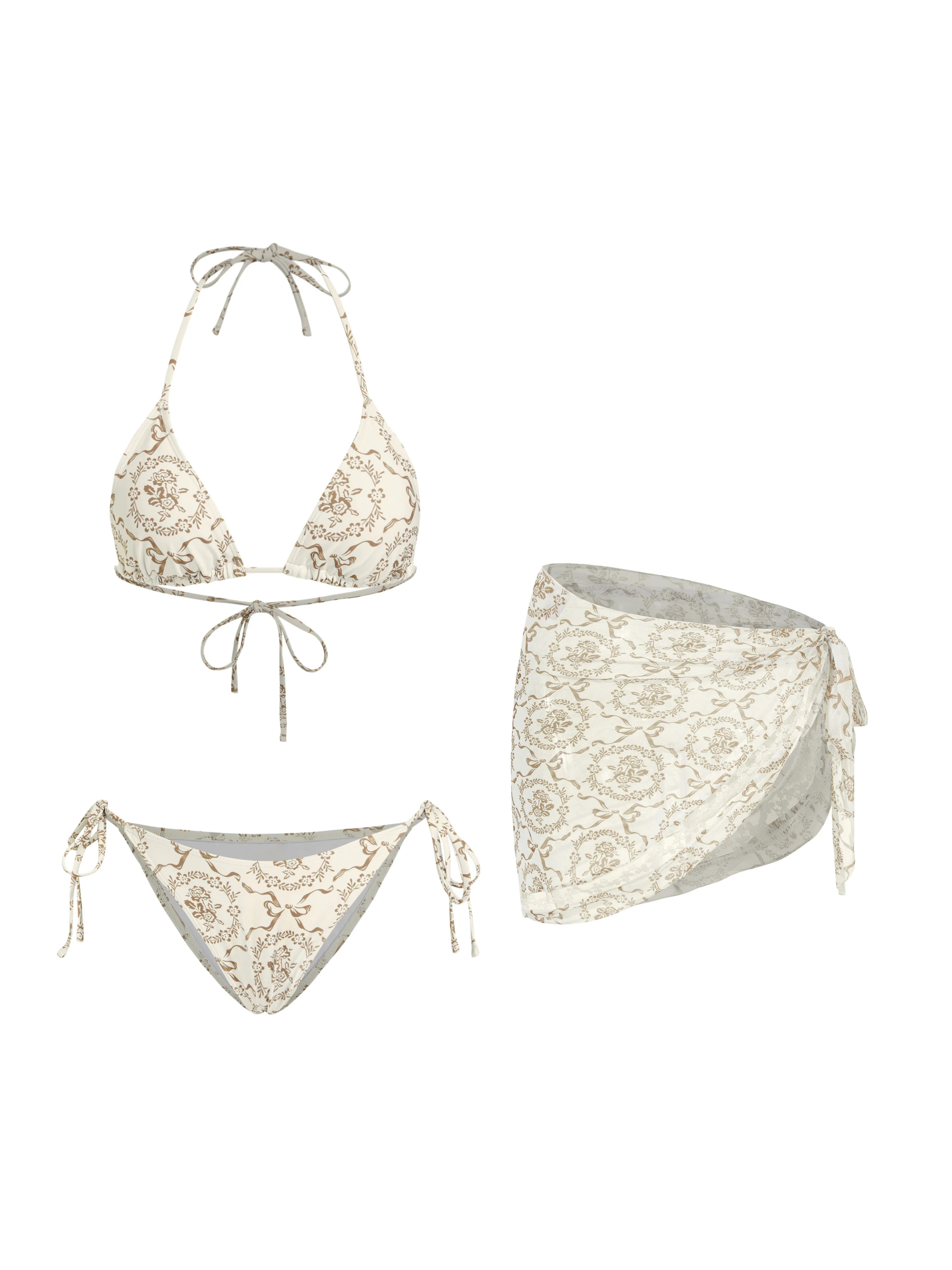 Knit Fabric V-neck Bowknot & Flower Knotted Halter Tie Side Bikini Set With Lace Sarong For Vacat... | Cider