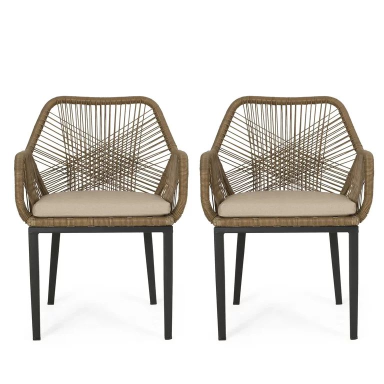 GDF Studio Fromberg Outdoor Wicker Dining Chairs, Set of 2, Light Brown, Matte Black, and Beige | Walmart (US)