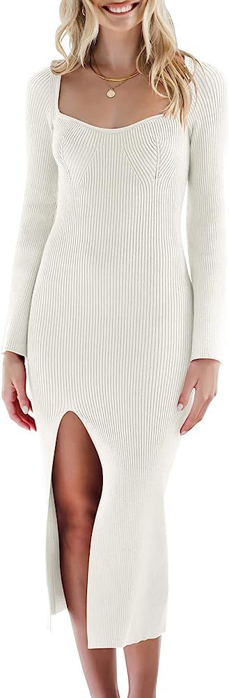 ANRABESS Women's 2023 Fall Bell Long Sleeve Sweetheart Neck Slim Fit Ribbed Knit Side Slit Bodyco... | Amazon (US)
