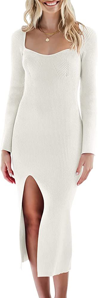 ANRABESS Women's Bell Long Sleeve Sweetheart Neck Slim Fit Ribbed Knit Slit Midi Sweater Dress | Amazon (US)