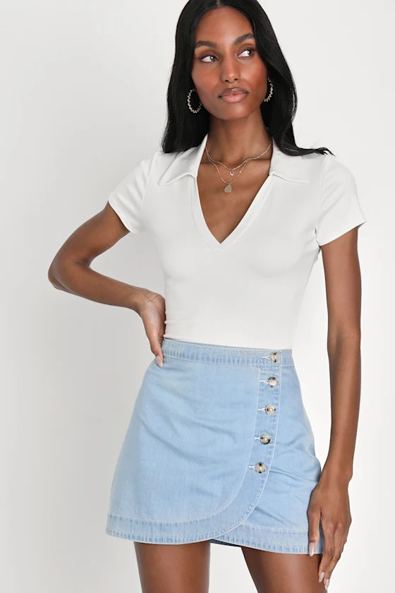 Cutest Simplicity Light Wash Denim Wrap Mini Skirt | Lulus