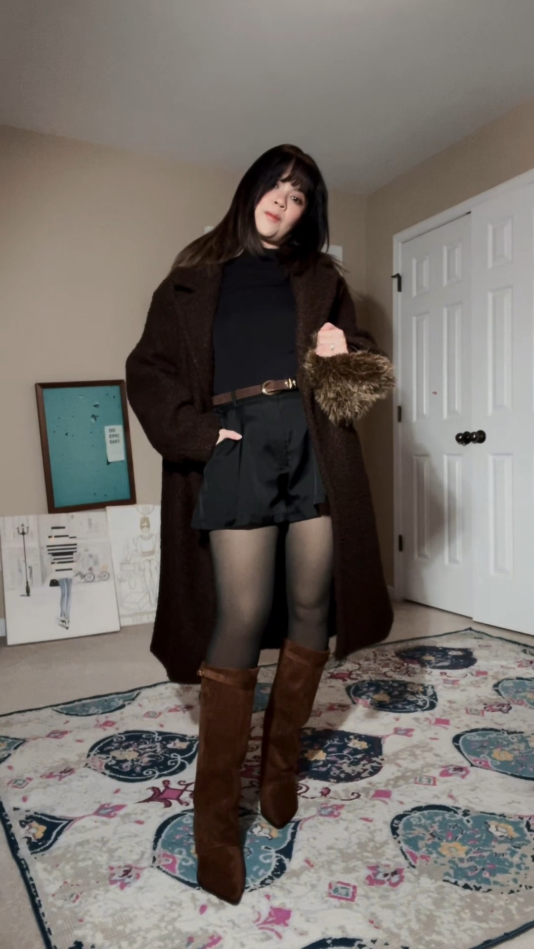 This teddy coat had me at hello 🧸🤎
Black mock neck from J.Crew, black flare shorts, and chocolate brown details to keep it chic. Shark boots + fleece tights because warmth matters.

#LTKOver40 #LTKfoodie #LTKPetite