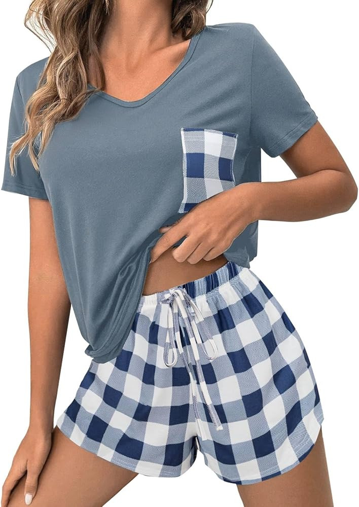 JUSTFASHIONNOW Pajamas for Women Shorts Set V Neck Casual Summer Lounge Sets Loungewear Sleepwear... | Amazon (US)