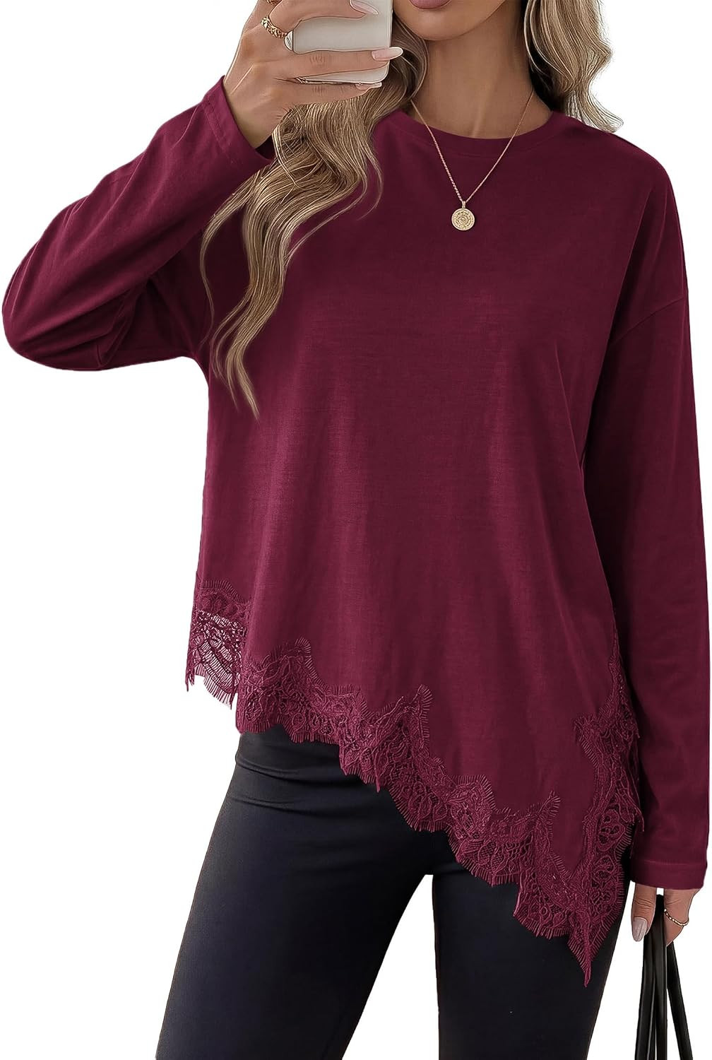 PRETTYGARDEN Women's Long Sleeve Asymmetrical Lace Tops Oversized Tshirts | Amazon (US)