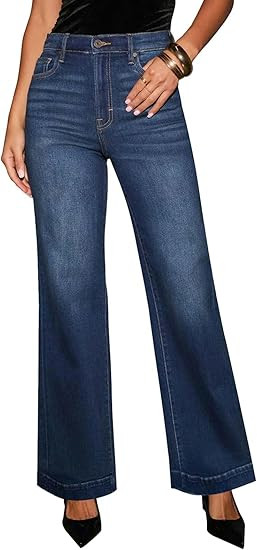 KUNMI Women's Wide Leg Jeans High Waisted Straight Leg Stretchy Denim Pants with Pockets | Amazon (US)