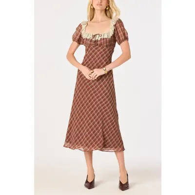 ASTR the Label Edwardine Lace Trim Plaid Midi Dress in Wine Plaid at Nordstrom, Size Large | Nordstrom