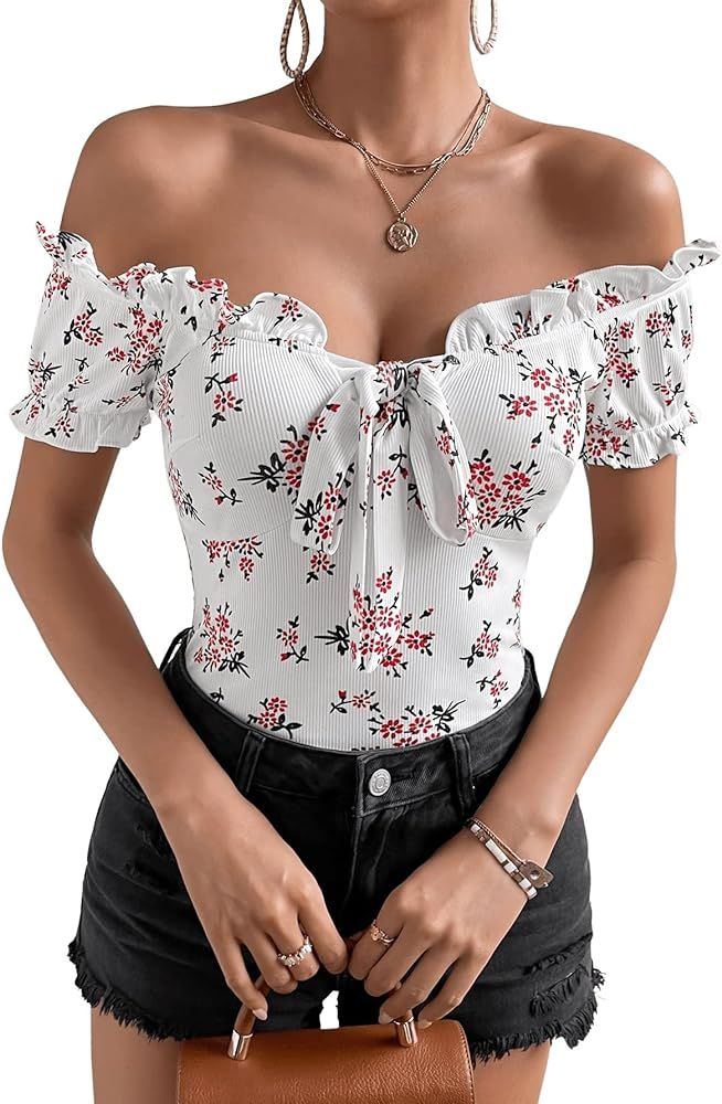SweatyRocks Women's Floral Print Short Sleeve Off Shoulder Top Ruffle Trim Tie Front Slim Fit T S... | Amazon (US)