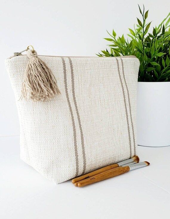 Ivory and beige makeup bag with tassel, neutral toiletry bag women, unique gift mom | Etsy (CAD)