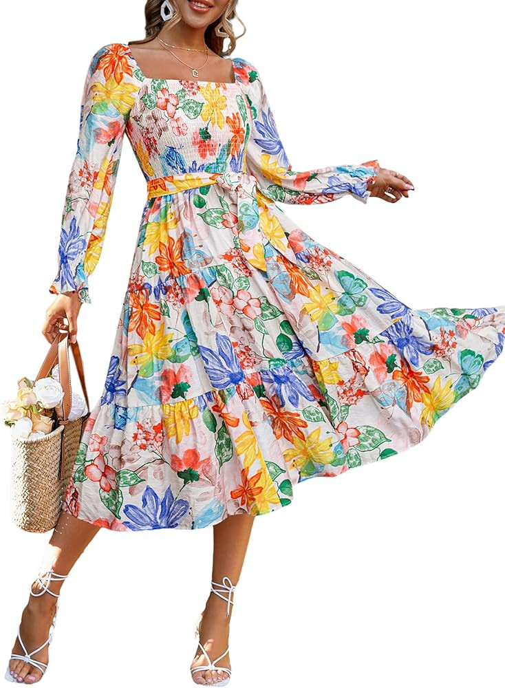 Amegoya Women's Boho Flowy Long Sleeve Square Neck Floral Midi Dress Smocked Spring Fall Wedding ... | Amazon (US)