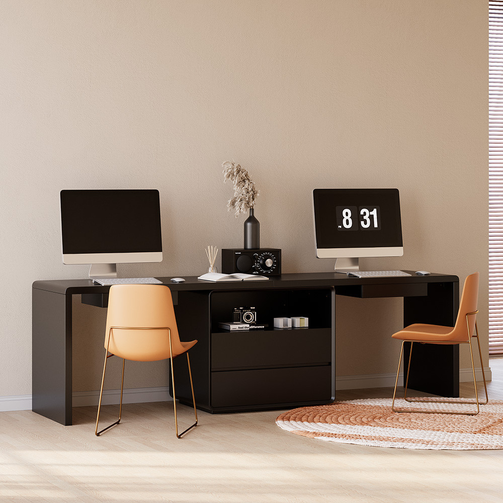 2-Person Double Computer Desk Modern Black Retangular Office Desk with 4 Drawers & 1 Cabinet (2400mm ) | Homary