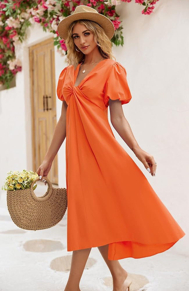 Women Puff Sleeve Maxi Dress Twist Front V Neck Long Dresses Casual Summer Beach Midi Dress | Amazon (US)