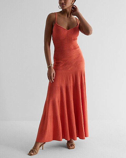 Ribbed Strappy Back Maxi Fit And Flare Sweater Dress | Express