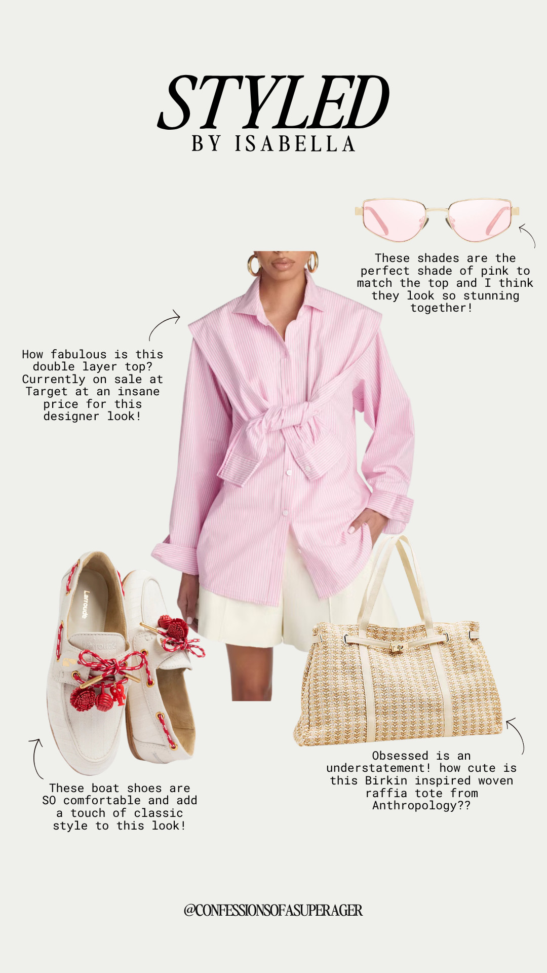 Pretty in pink never goes out of style! 💕 This chic striped button-down gives effortless designer vibes at an amazing price, paired with classic boat shoes, a woven raffia tote, and blush pink sunglasses for the ultimate polished summer outfit. Perfect for brunch, vacation, weekend errands, or elevated everyday style—shop every piece linked and follow @confessionsofasuperager for more timeless fashion finds! ✨ #LTKStyle #LTKSummer #PinkOutfit #StripedShirt #TargetStyle #DesignerInspired #SummerStyle #PreppyStyle #CoastalGrandmother #RaffiaBag #BoatShoes #VacationOutfit #ClassicStyle #CapsuleWardrobe #EverydayChic #BrunchOutfit #ResortWear #FashionOver50 #TimelessStyle #LTKFashion

#LTKootd #LTKOver40 #LTKSaleAlert