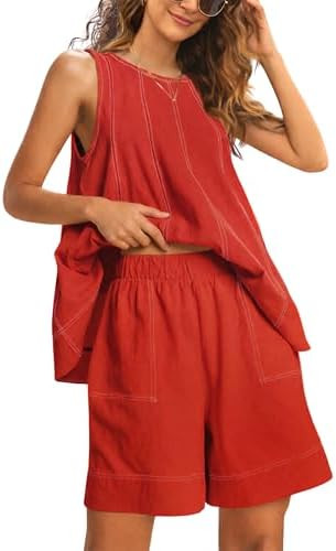 Womens 2 piece Outfits Sleeveless Matching Sets A Line Tank Tops Contrast Stitching High Waist Sh... | Amazon (US)