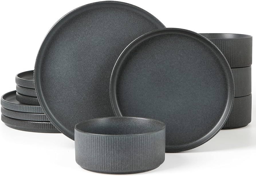 Famiware Star Dinnerware Sets, Plates and Bowls Set for 4, 12 Piece Dish Set, Matte Black | Amazon (US)