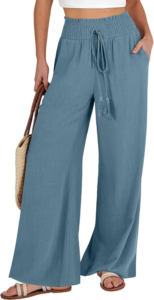 ANRABESS Women's Linen Pants Summer Casual Palazzo Beach Pant Drawstring High Waist Wide Leg Trou... | Amazon (US)
