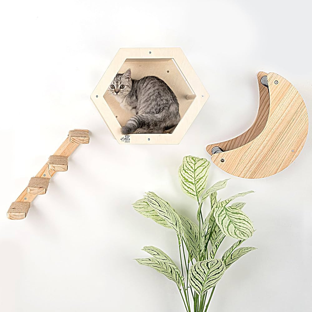 3-Piece Cat Wall Furniture Set - Hammock, Hexagon House, Climbing Steps - Wall Mounted Shelves, P... | Amazon (US)