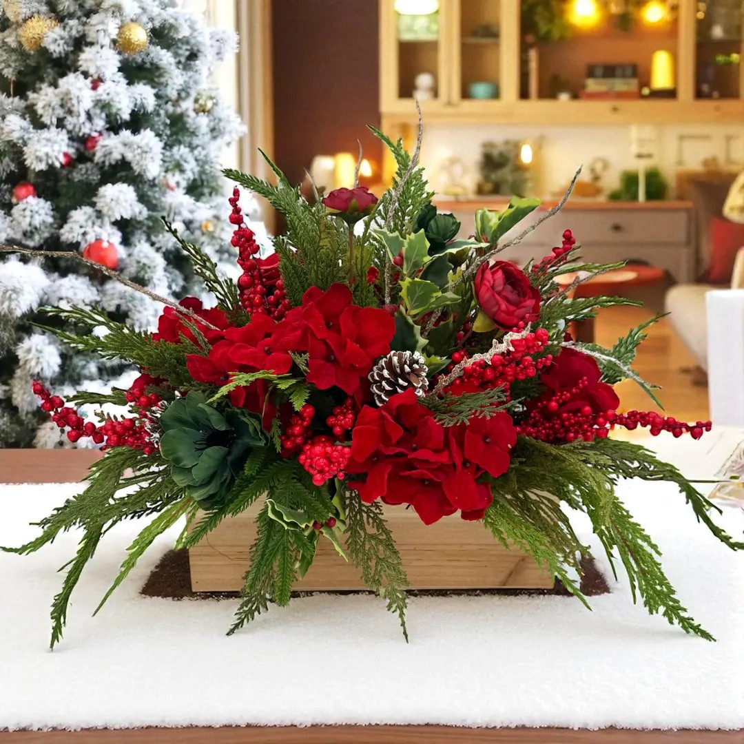 Red Hydrangea Christmas Centerpiece/ Red Velvet Hydrangea Holiday Centerpiece / Farmhouse Christm... | Etsy (US)