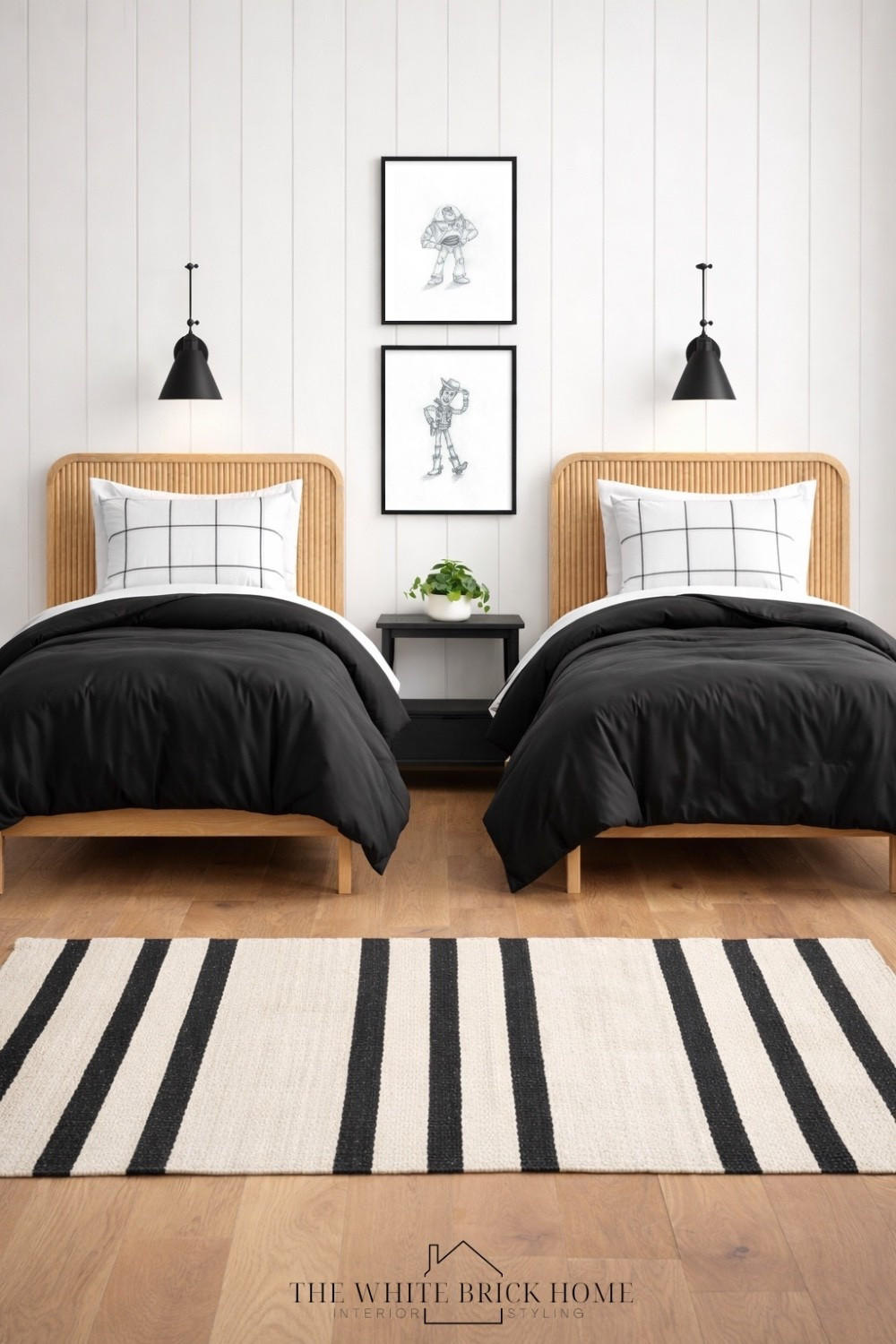 A fun Toy Story wall art idea for a shared kiddos bedroom that is modern with clean lines and coordinated bedroom furniture! 
🖤🖤
Shared bedroom, shared kids bedroom, bedroom, kids room, kids bedroom ideas, black and white bedroom, kids bedroom furniture, kids room, kids area rug, kids bedroom wall art, Disney, Disney bedroom, Pixar, Pixar bedroom, kids room decor, kids room ideas, kids room lighting, kids room nightstand, kids room design ideas, home decor, wall sconces, crate and kids, minted 


#LTKHome #LTKKids #LTKSaleAlert
