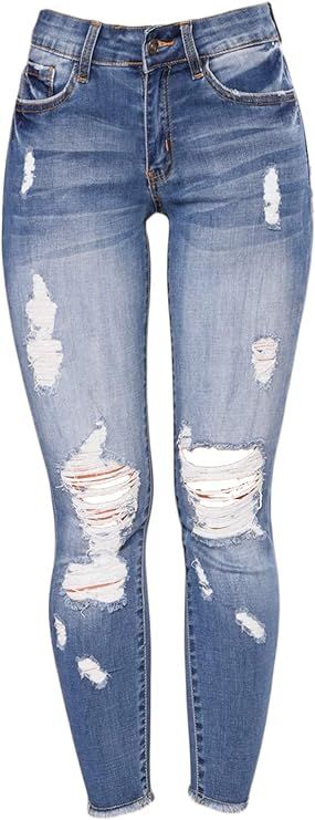Andongnywell Women's Stretchy Ripped Hole Skinny Jeans Butt Lifting Distressed Denim Pants with P... | Amazon (US)