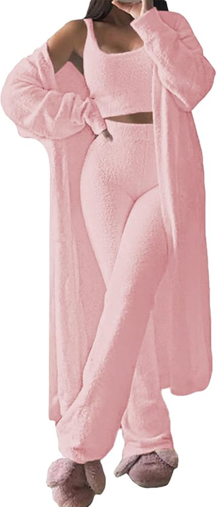 Fixmatti Women's Fuzzy 3 Piece Sweatsuit Open Front Cardigan Crop Tank Tops Wide Legs Pants Loung... | Amazon (US)