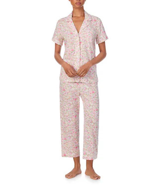Short Sleeve Notch Collar Cropped Floral Jersey Knit Pajama Set | Dillard's