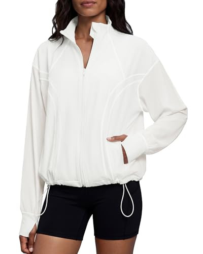 Gacaky Womens Lightweight Full Zip Athletic Jacket Oversized Yoga Workout Jacket Windbreaker Jacket Hiking Outdoor Pockets White L | Amazon (US)
