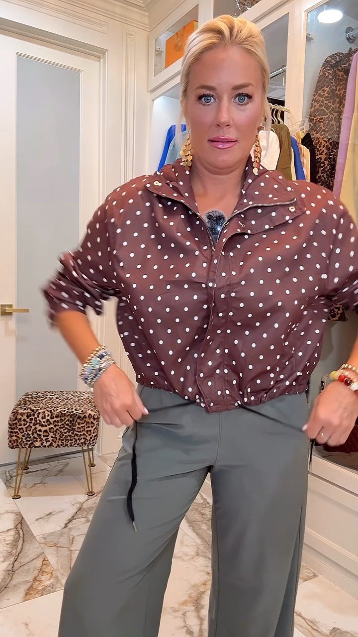Obsessed with the brown polka dot
Jacket - size medium 
Pants size small