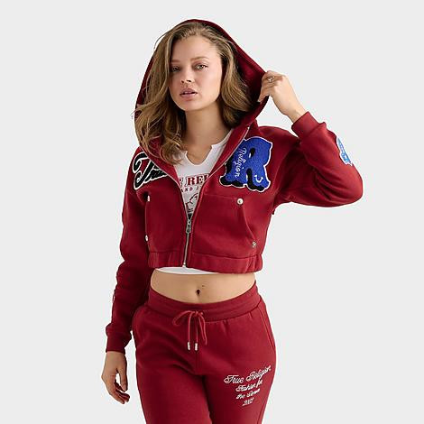 True Religion Women's Varsity Patch Fleece Full-Zip Hoodie in Red Dahlia Size: Large | Finish Line (US)