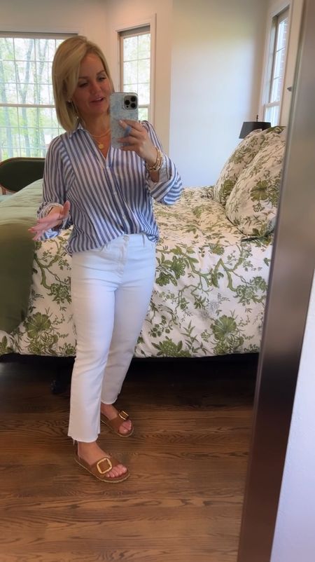 I’m a sucker for a blue and white striped button down top. This casual chic look is one of my favorites. 
Wearing xs is shirt
Jeans 26 and I cropped them. Video on my blog and in Instagram stories. 
Shoes went down a size  

#springfashion #fashioninspo #summerfashion #petitefashion #springstyle #fashionover40 #fashioninspo #chicstyle #classicstyle #nancymeyerstyle #grandmillennial 


#LTKstyletip #LTKover40 #LTKVideo