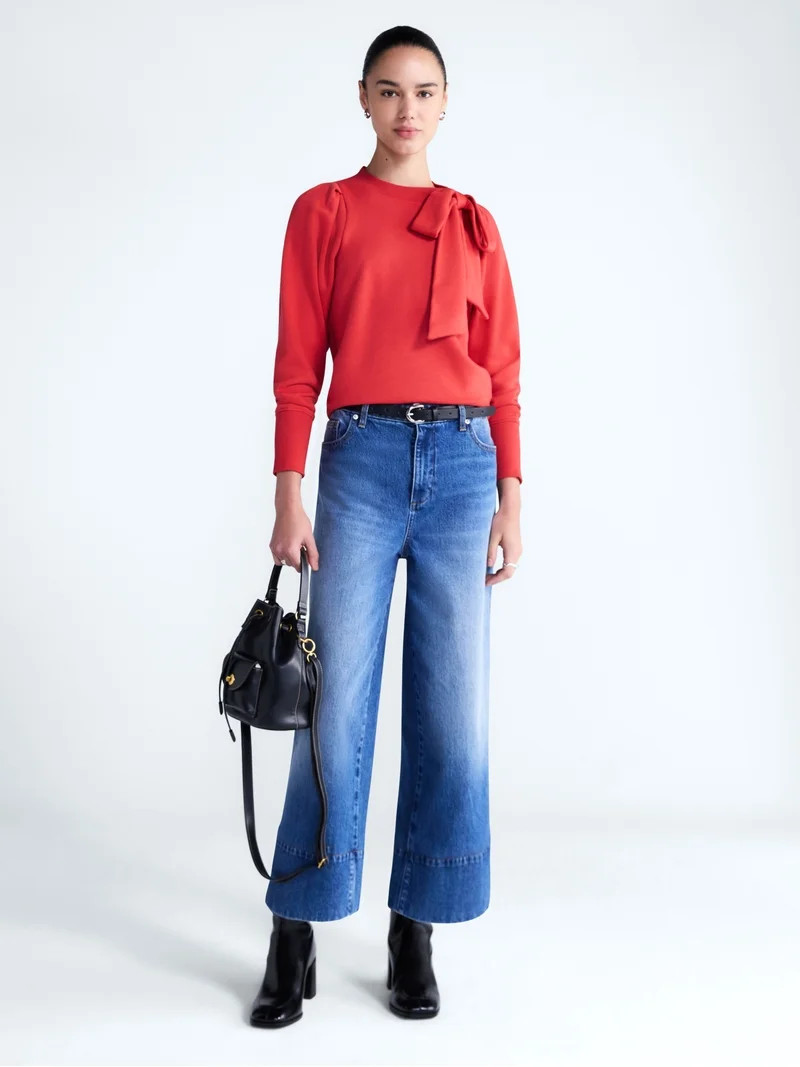 Free Assembly Women's and Women's Plus Bow Neck Sueded Terry Sweatshirt, Sizes XS-4X | Walmart (US)