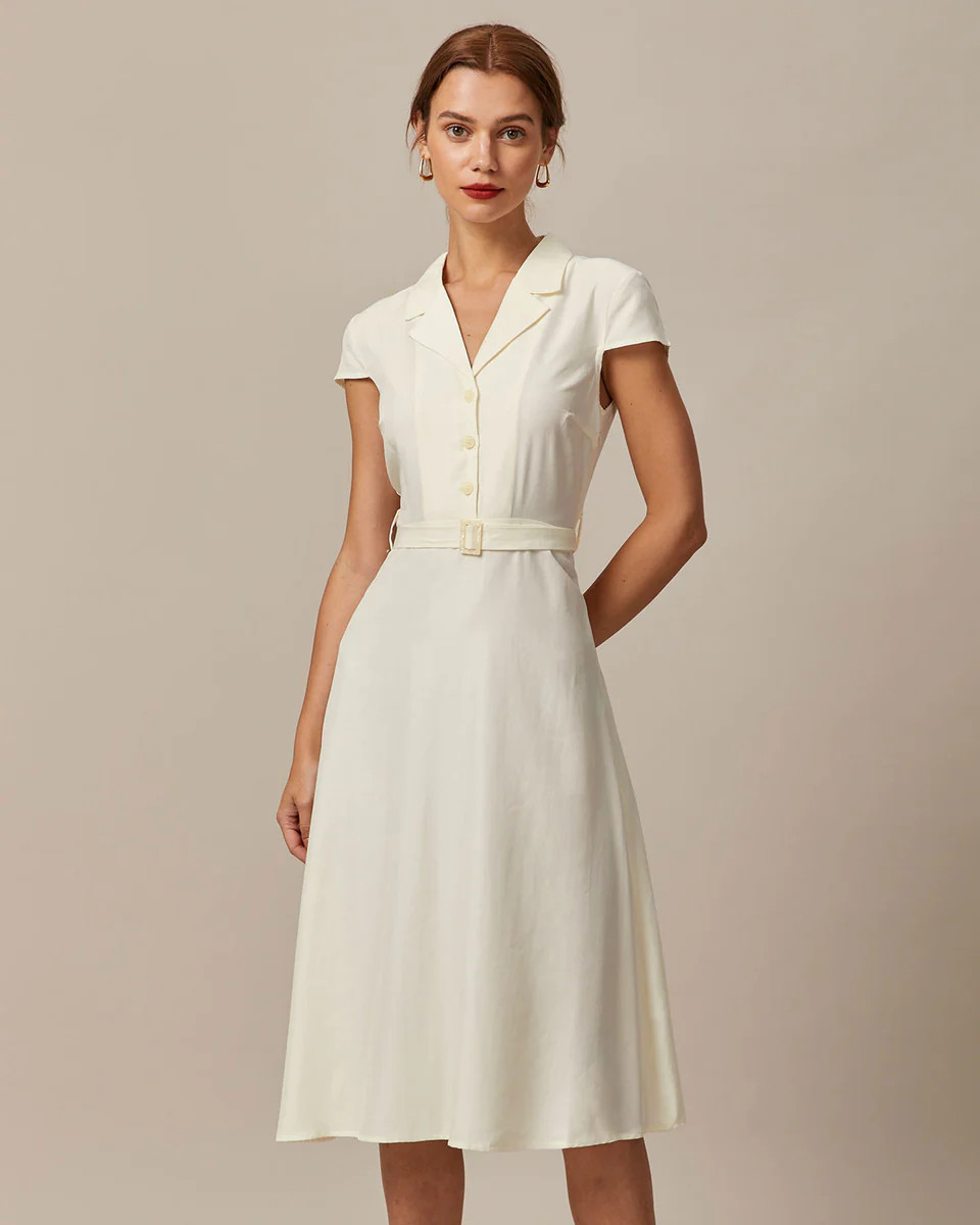 The Beige Lapel Cap Sleeve Shirt Midi Dress - Beige Short Sleeve Button Up A Line Midi Dress - Be... | rihoas.com