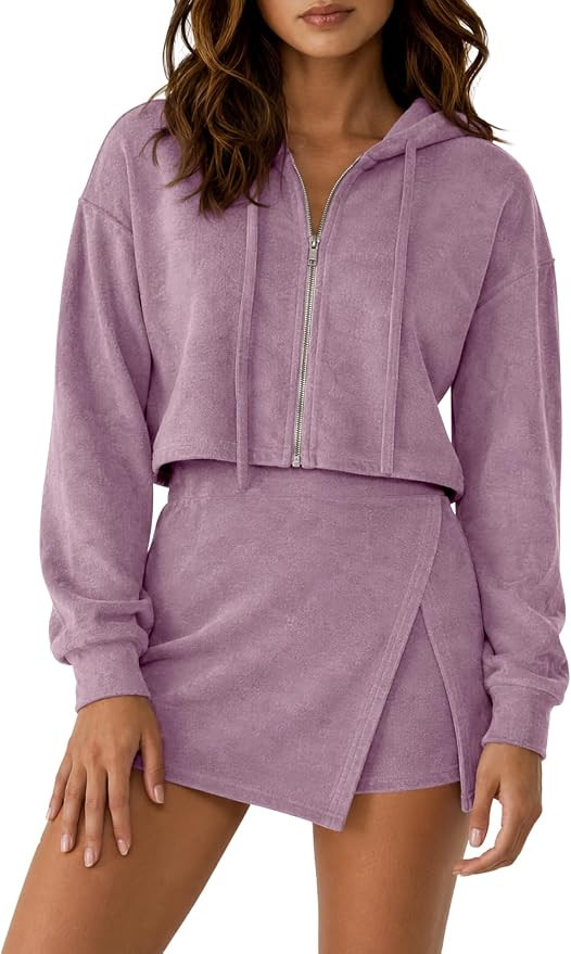 Fisoew Womens 2 Piece Skirt Set Zip Up Hoodie and Skort Sets Sweatsuits | Amazon (US)