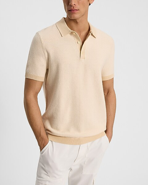 Textured Tipped Cotton Short Sleeve Sweater Polo | Express