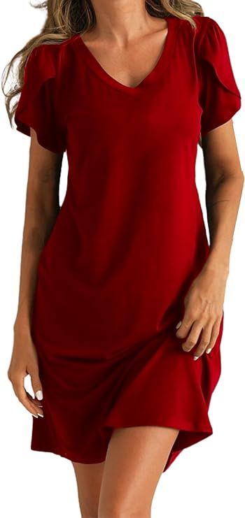 Ekouaer Womens Nightgown Short Sleeves Sleepwear V Neck Nursing Nightgown Petal Sleeves T-Shirt D... | Amazon (US)