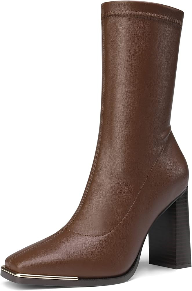 DREAM PAIRS Women's Square Toe Gogo Boots Elastic Ankle Boots High Chunky Block Heel Mid Calf Boo... | Amazon (US)