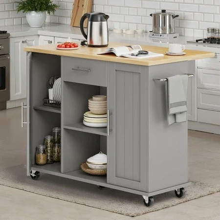 Walsunny Kitchen Islands Carts with Drop Leaf Table 1 Drawer 5 Wheels 2 Magnetic Doors Rolling Storage Cabinet Gray | Walmart (US)