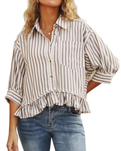 CHYRII Womens Summer Tops Dressy Casual Blouse Top Ruffled Short Sleeve Button Down Striped Shirt Tan M | Amazon (US)